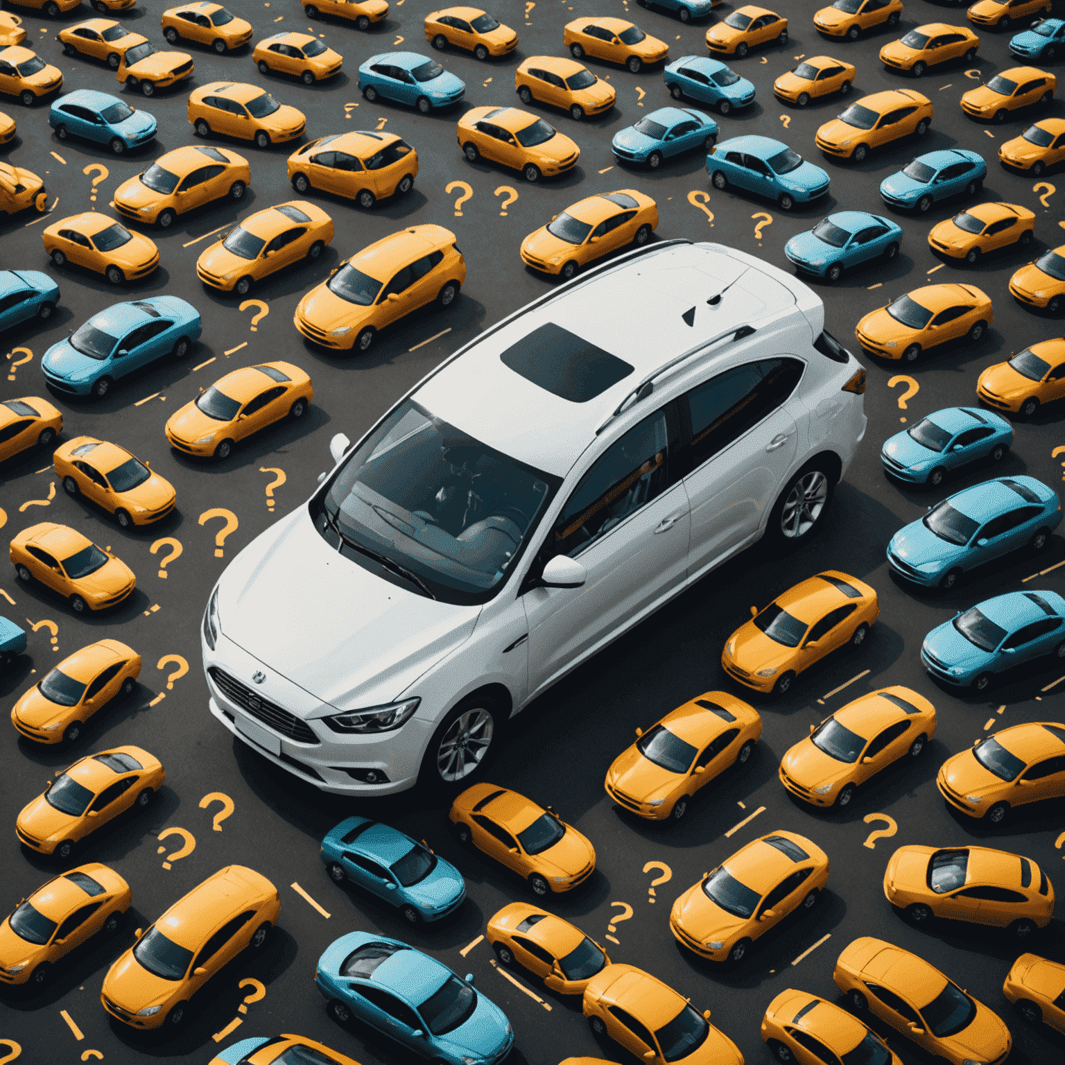 Een afbeelding van een auto met vraagtekens eromheen, die de mythes rond autoverzekeringen symboliseert