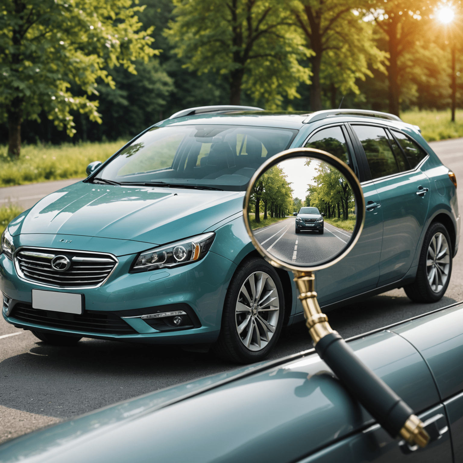 Een moderne auto met een vergrootglas eroverheen, wat symboliseert het onderzoeken van autoverzekeringen