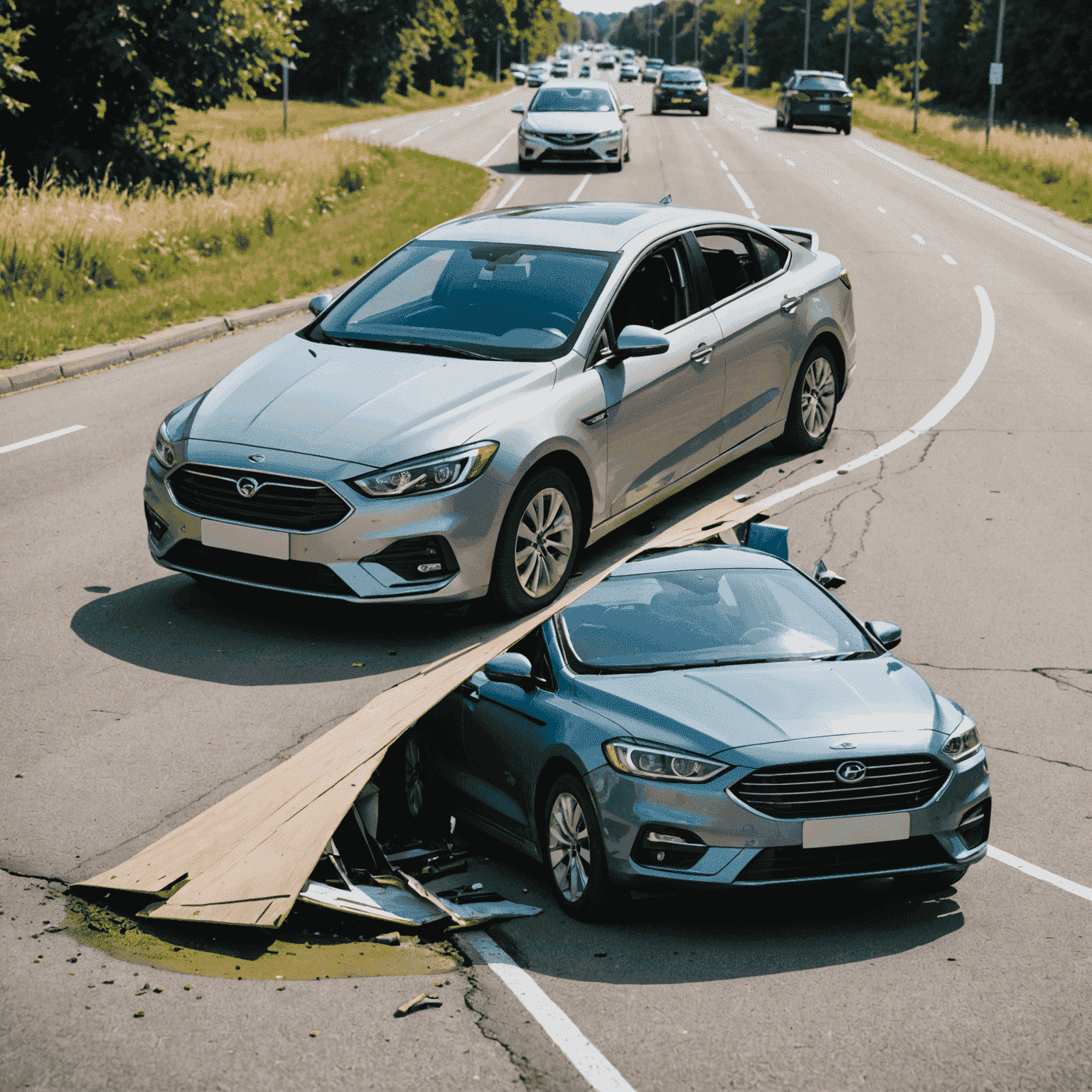 Een gesplitste afbeelding die een auto toont die wordt beschermd tegen verschillende gevaren (links) en een auto betrokken bij een aanrijding (rechts), om het verschil tussen allesomvattende en aanrijdingsdekking te illustreren