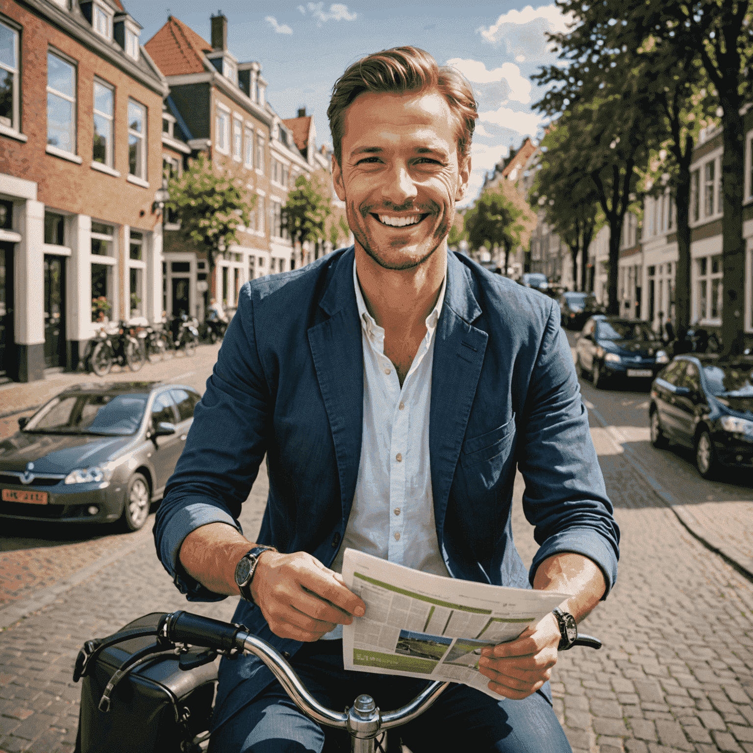 Een Nederlandse bestuurder die blij kijkt naar een autoverzekeringspolis met lagere premies, met op de achtergrond een typisch Nederlands straatbeeld met grachten en fietsen