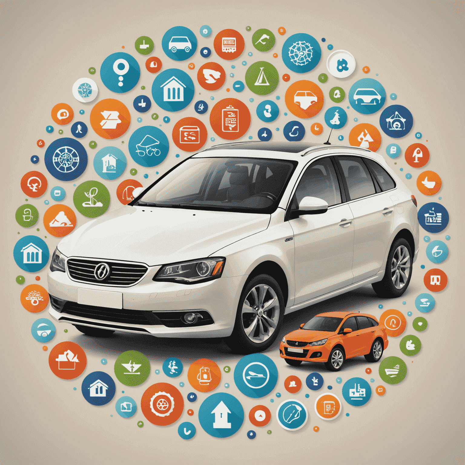Een moderne auto met verschillende verzekeringssymbolen eromheen, wat de verschillende add-ons vertegenwoordigt