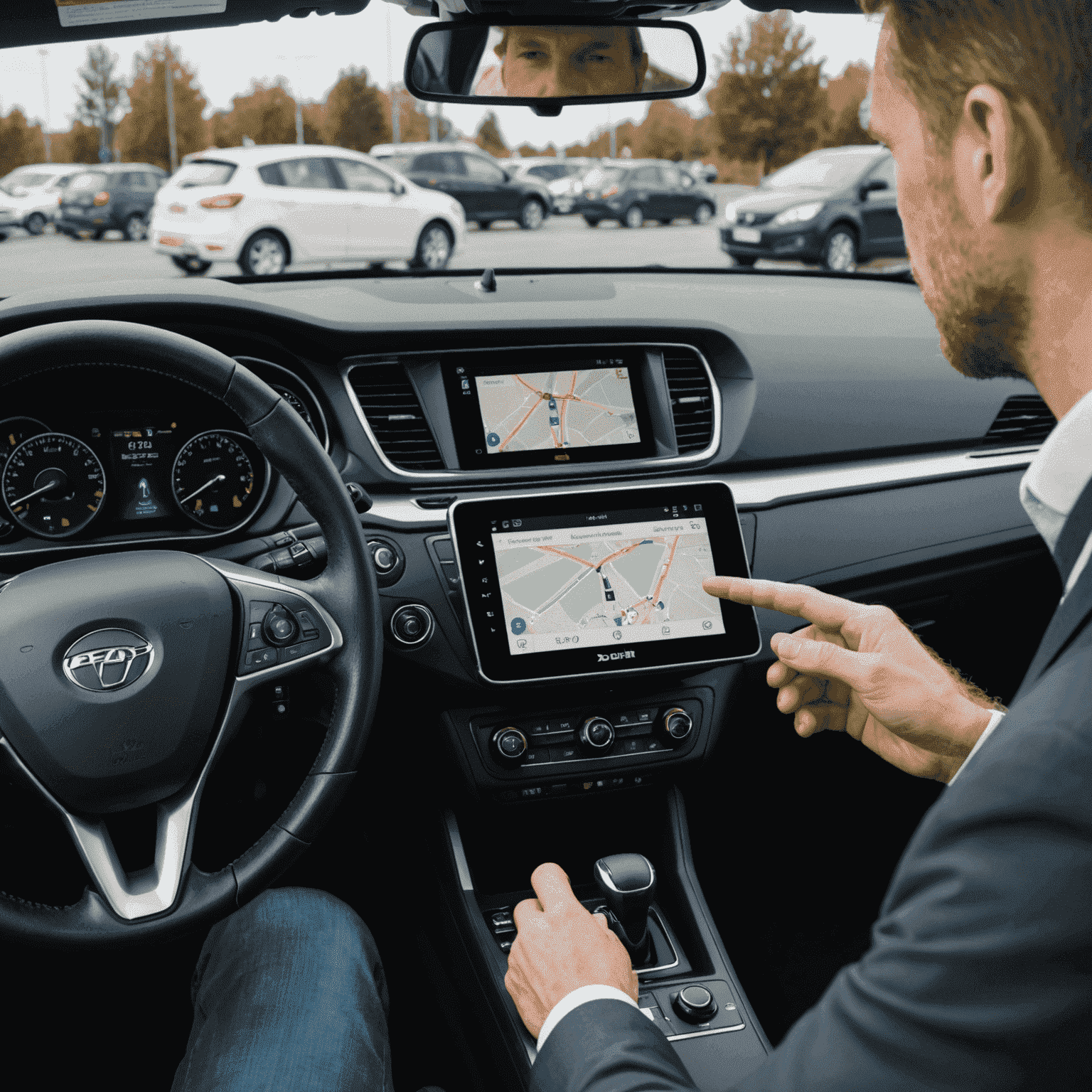 Close-up van een zwarte doos telematica-apparaat geïnstalleerd in een auto, met een Nederlandse verzekeringsagent die het systeem uitlegt aan een klant